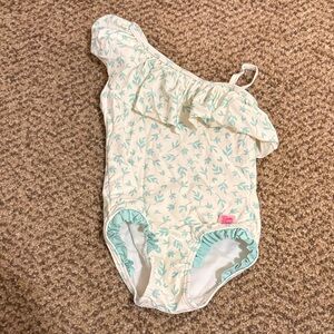 Ruffle Butts Cream and Mint Kids Swim One Piece